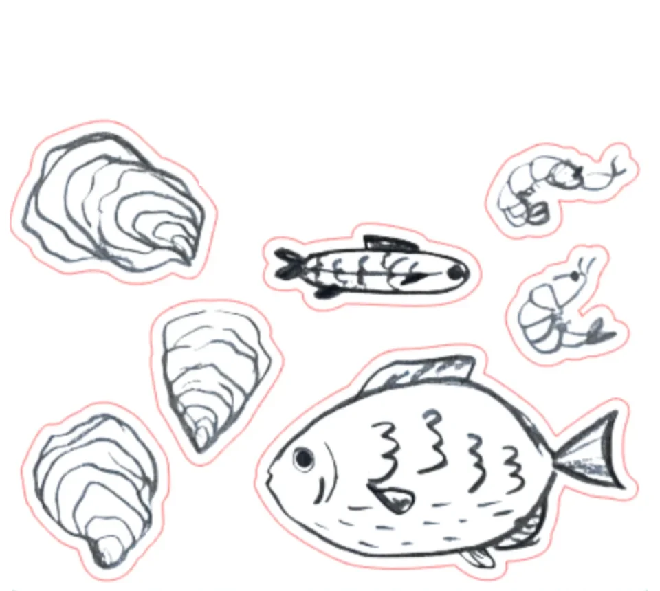 Sketches #1 mini sticker sheet: istiridye, balık ve karides çizimleri
