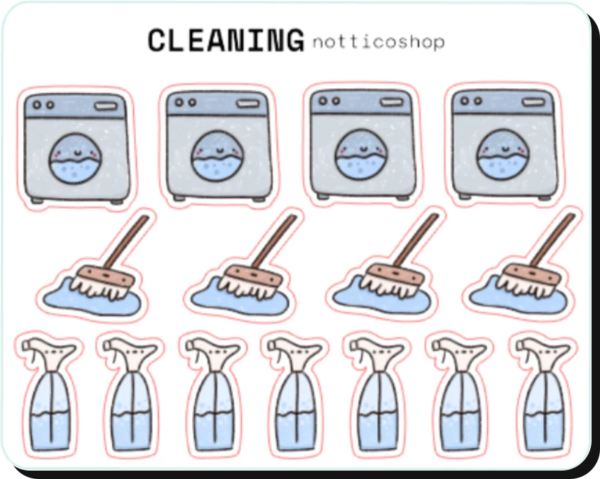 Cleaning mini sticker sheet: 4 çamaşır makinesi, 4 paspas ve 7 sprey