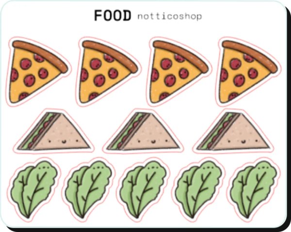 Food mini sticker sheet: 4 pizza dilimi, 3 sandviç ve 5 marul yaprağı