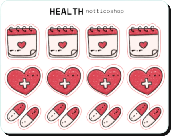 Health mini sticker sheet: 4 takvim, 4 kalp ve 4 ilaç
