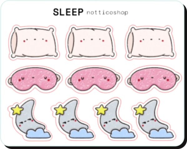 Sleep mini sticker sheet: 3 yastık, 3 uyku bandı ve 4 ay